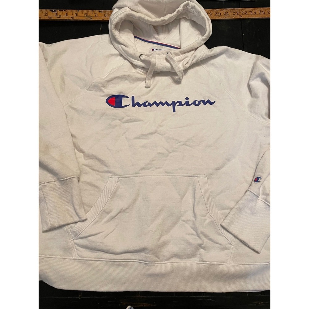 Champion Mens White Script Hoodie Sweatshirt Large Sleeve Pullover (stain)